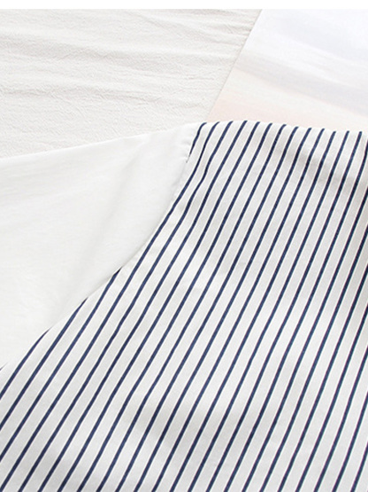 猫刺繍付きポケット ゆったりストライプ切り替えシャツ-Sodemai