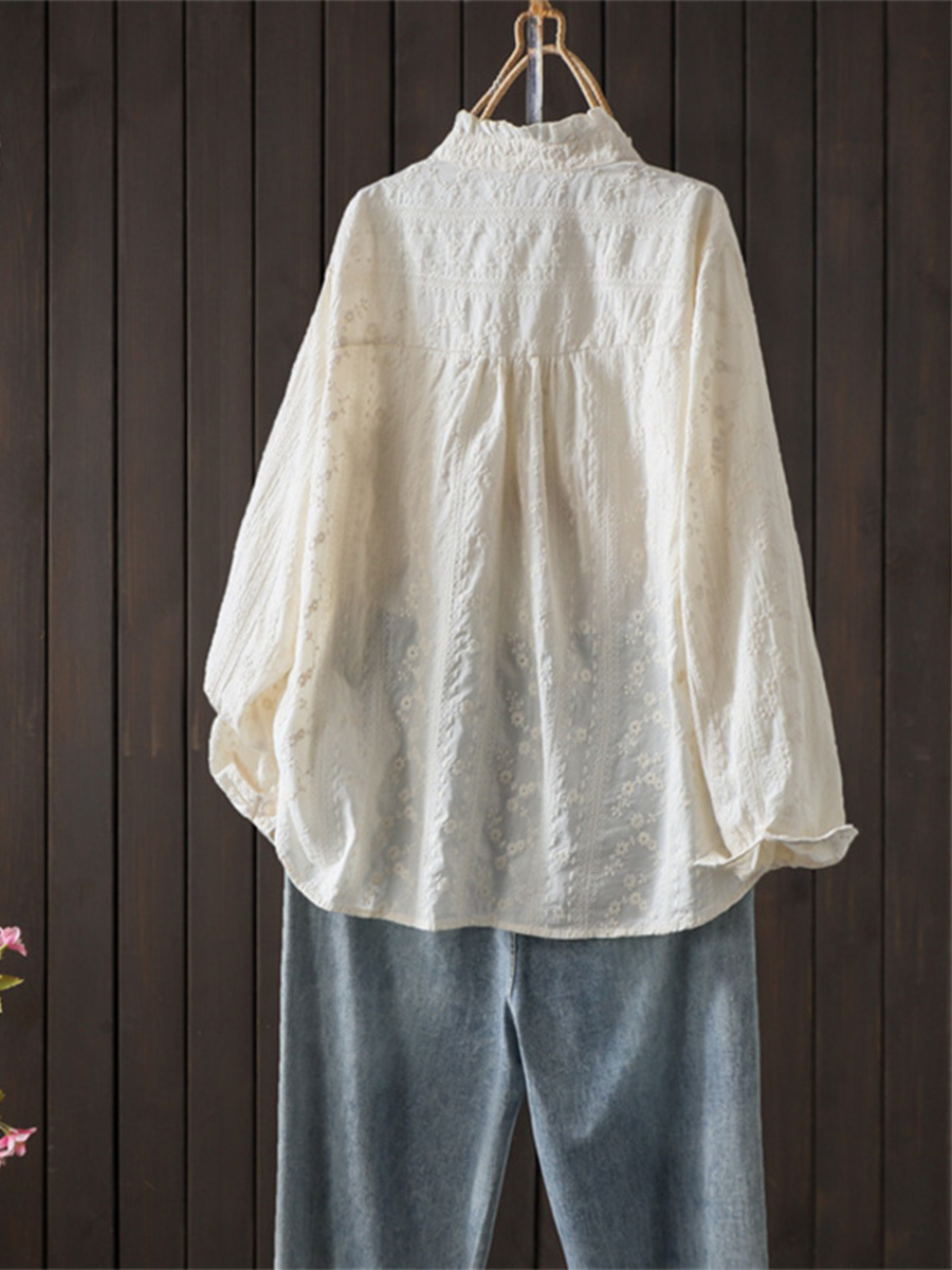 初秋用レトロレースカラー刺繍コットンシャツ-Sodemai