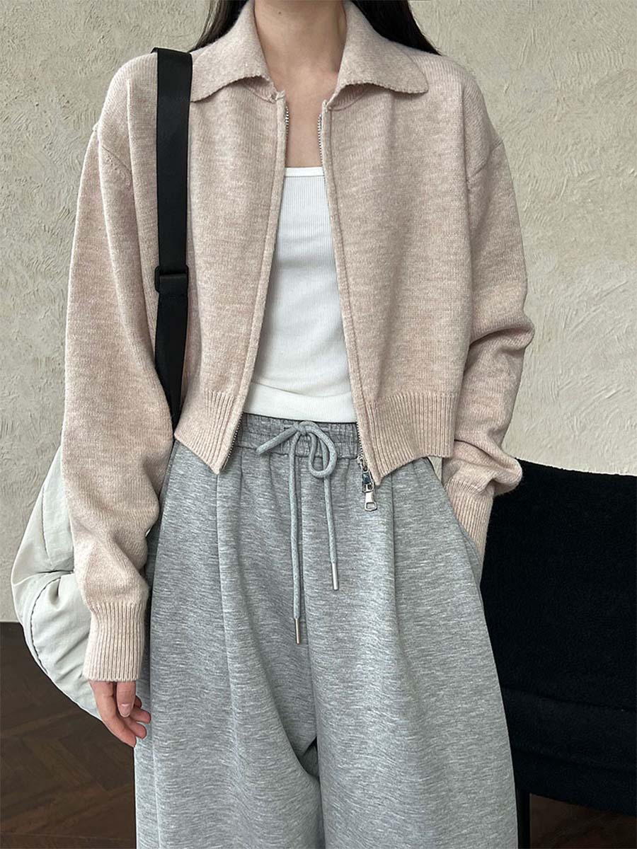 ニットポロ襟ショート丈ダブルジッパーヘッドアウター-Sodemai