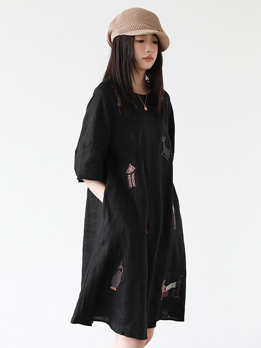 初秋用カジュアル風ハンド刺繍ワンピース-Sodemai