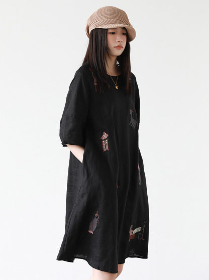 初秋用カジュアル風ハンド刺繍ワンピース-Sodemai