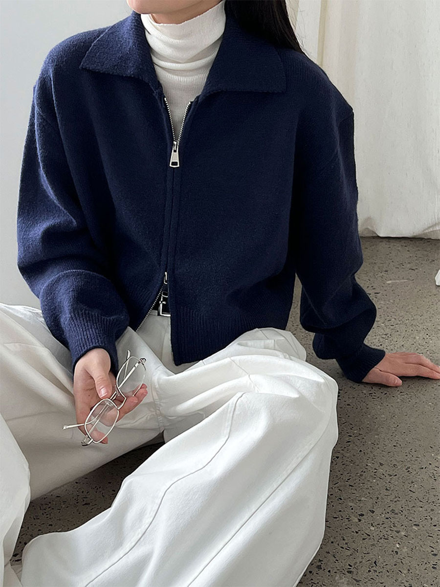 ニットポロ襟ショート丈ダブルジッパーヘッドアウター-Sodemai