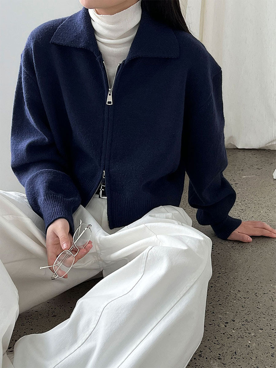 ニットポロ襟ショート丈ダブルジッパーヘッドアウター-Sodemai