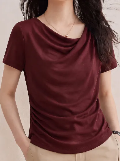 高級感溢れるドレープネックすっきり見え半袖Tシャツ 
