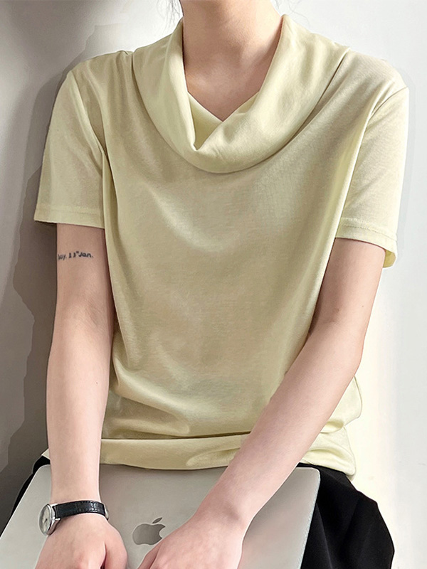 シンプルなデザインくしゅっとネック薄手半袖Tシャツ
