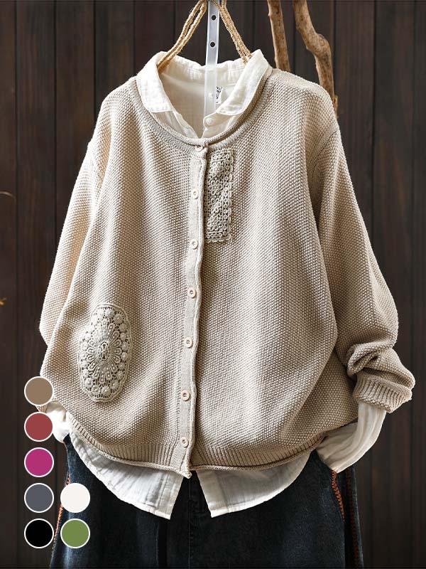 秋用レトロ風レース付きコットンニットカーディガン-Sodemai