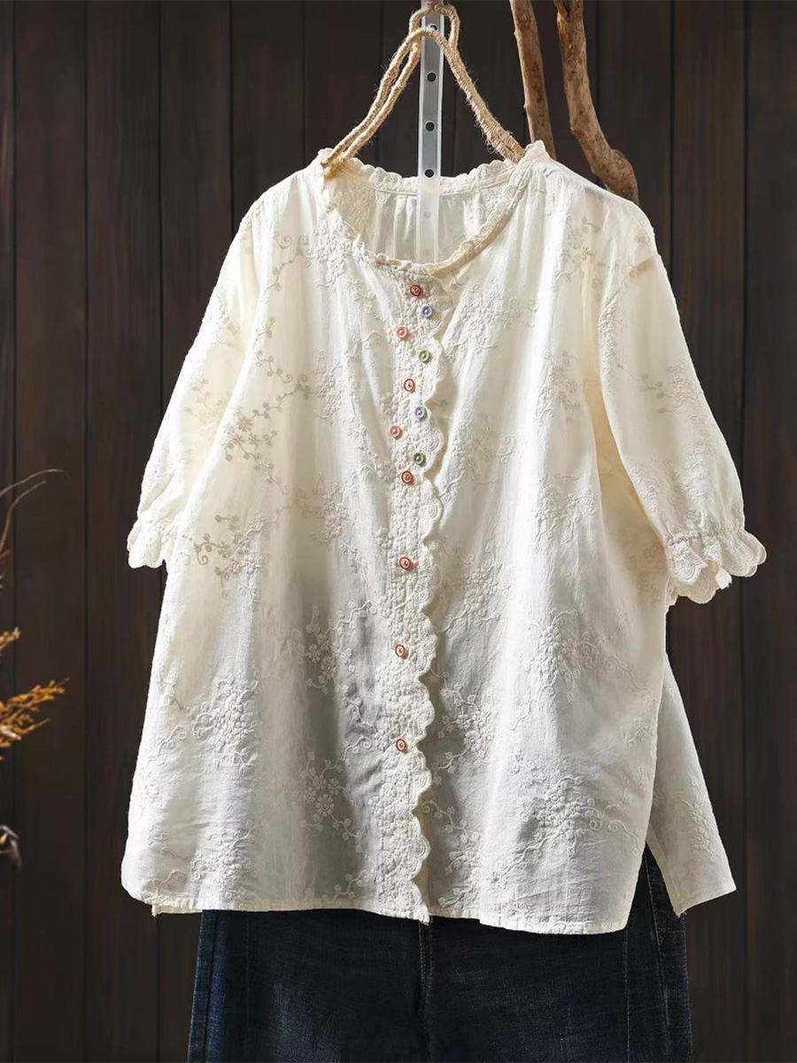 レーストリム刺繍ジャカードカラーボタンコットンブラウス-Sodemai