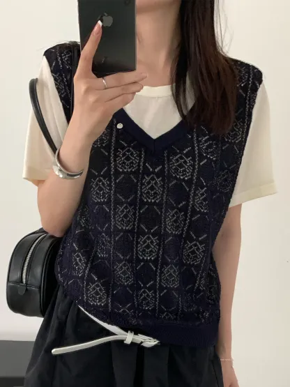 配色デザインゆったりすっきり見えレイヤード風透かし編み半袖ニット