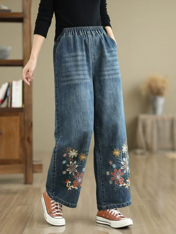 「身長145～160cm向け」レトロ刺繍入りワイドデニムパンツ-Sodemai