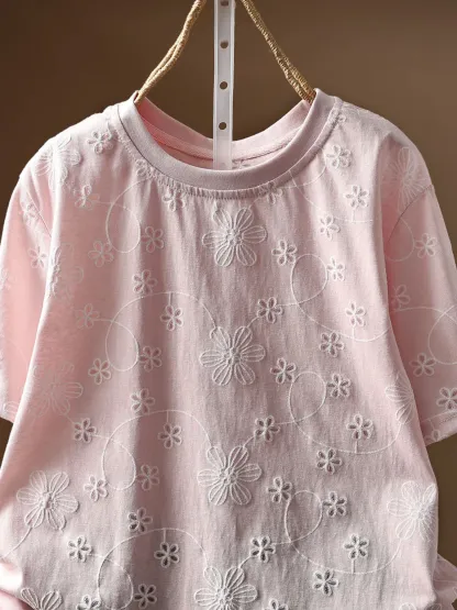 ゆったり花柄刺繍入りコットン半袖Tシャツ