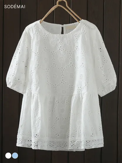 刺繍レースラウンドネック半袖ブラウス