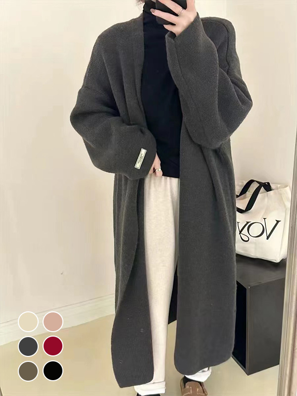 秋冬向け抜け感のある厚手ロングニットカーディガン-Sodemai