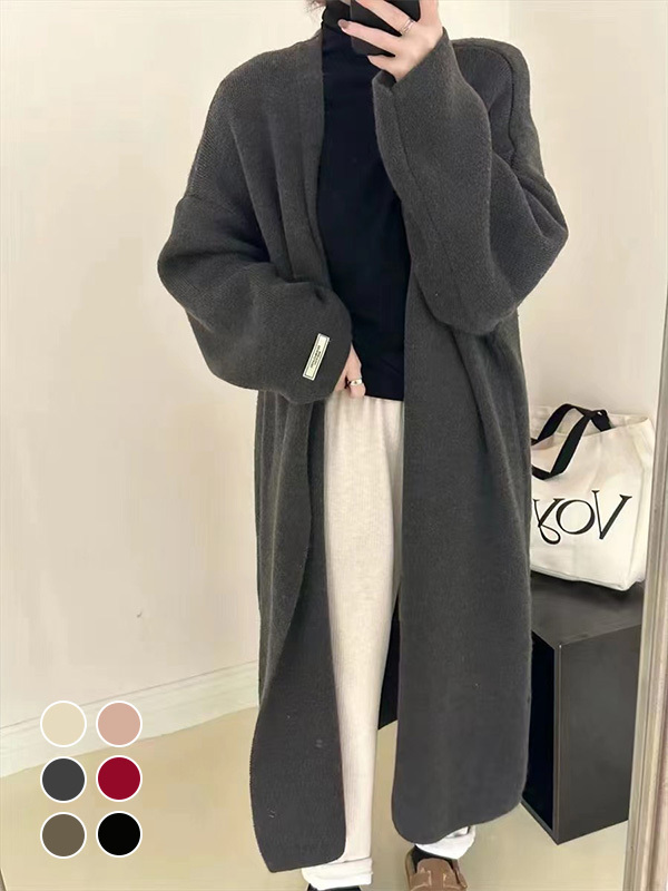 秋冬向け抜け感のある厚手ロングニットカーディガン-Sodemai