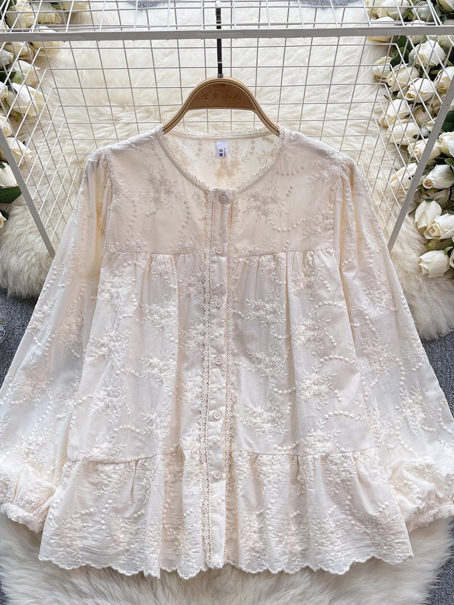 大人可愛い刺繍ゆったりコットンブラウス-Sodemai