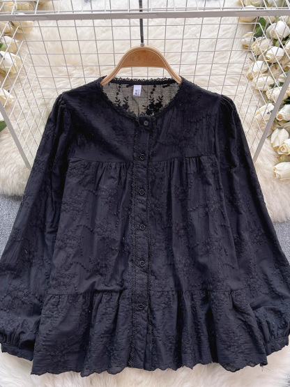 大人可愛い刺繍ゆったりコットンブラウス-Sodemai