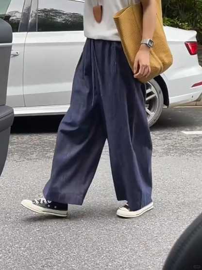 「身長152cm以上向け 」ネイビー落ち感のあるワイドパンツ