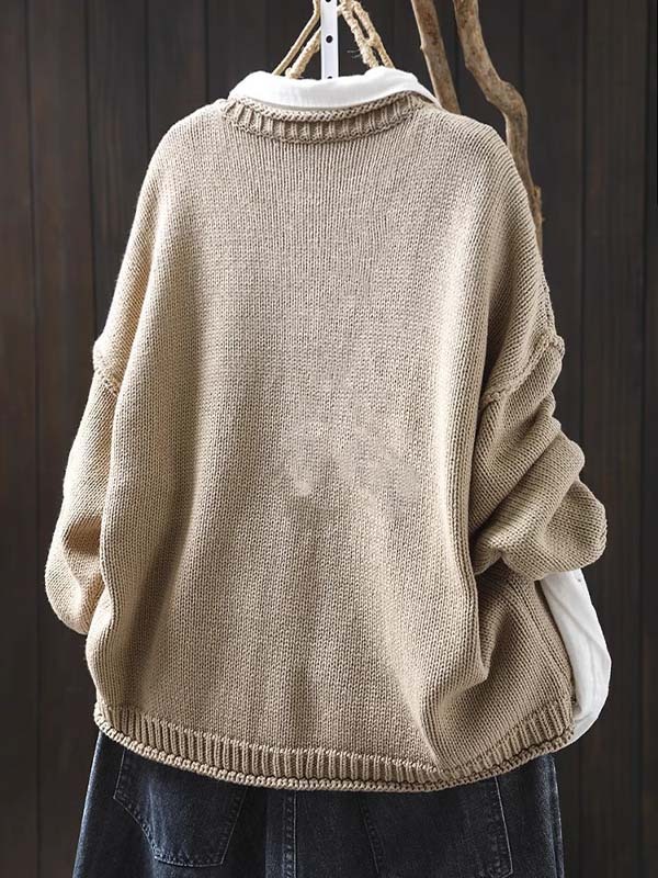 ヴィンテージ ゆったりアップリケ付きコットンニットカーディガン-Sodemai