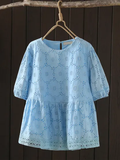 刺繍レースラウンドネック半袖ブラウス