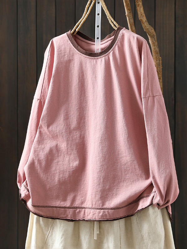 レトロ風細見え配色コットンプルオーバーTシャツ