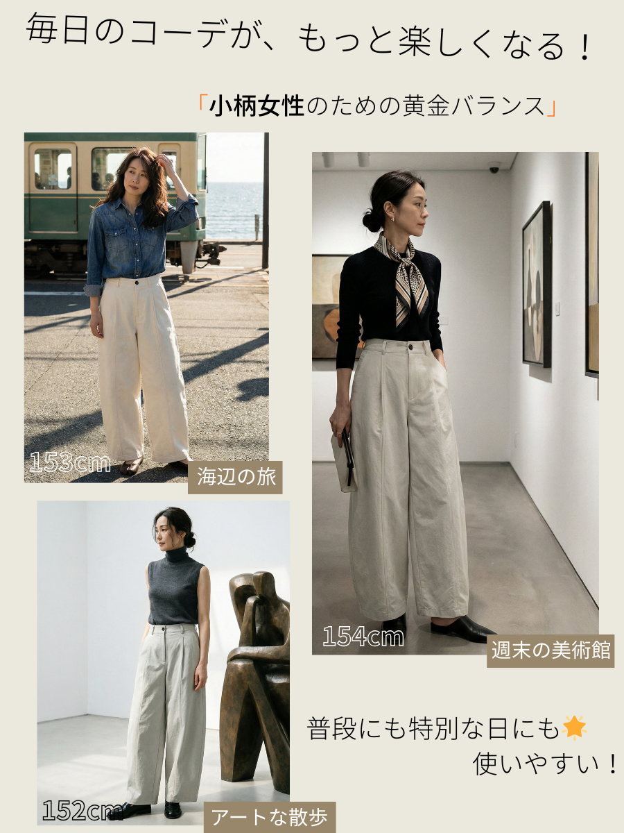 「身長152cm向け」新作抜け感のあるゆったりカーブラインワイドパンツ