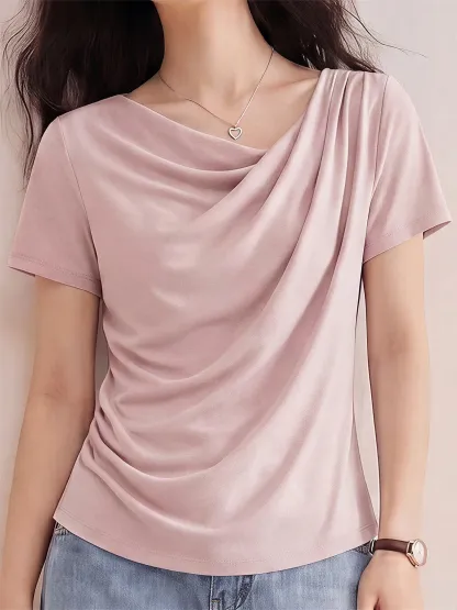 高級感溢れるドレープネックすっきり見え半袖Tシャツ 