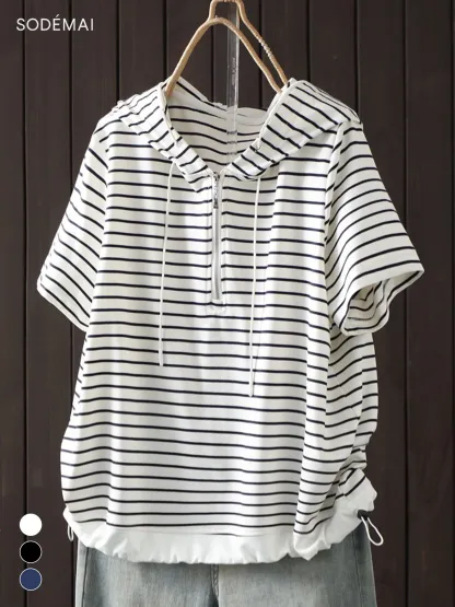 ボーダー柄ハーフジップデザイン裾ドローストリング付きTシャツ