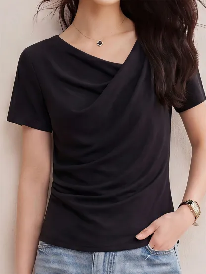 高級感溢れるドレープネックすっきり見え半袖Tシャツ 