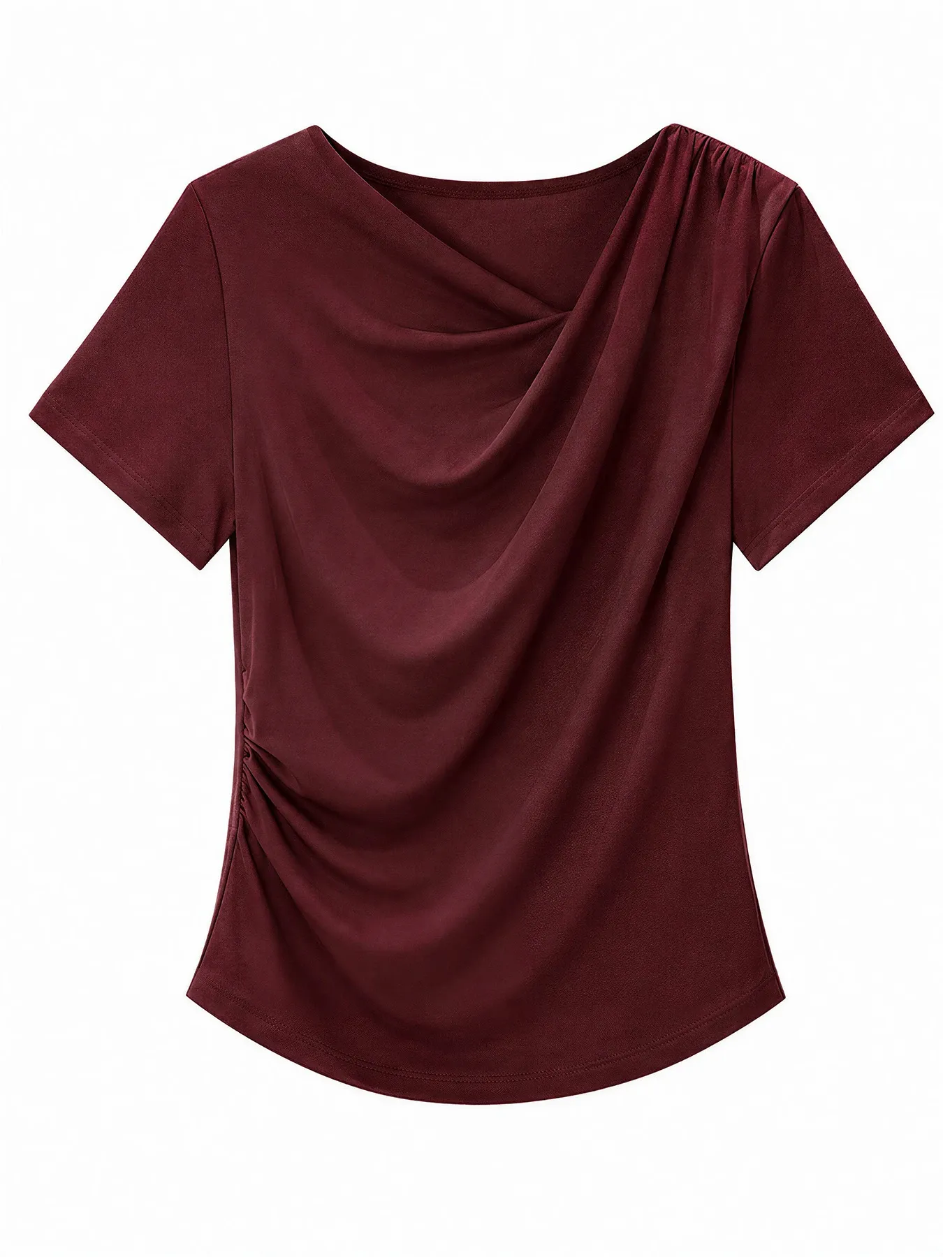 高級感溢れるドレープネックすっきり見え半袖Tシャツ 