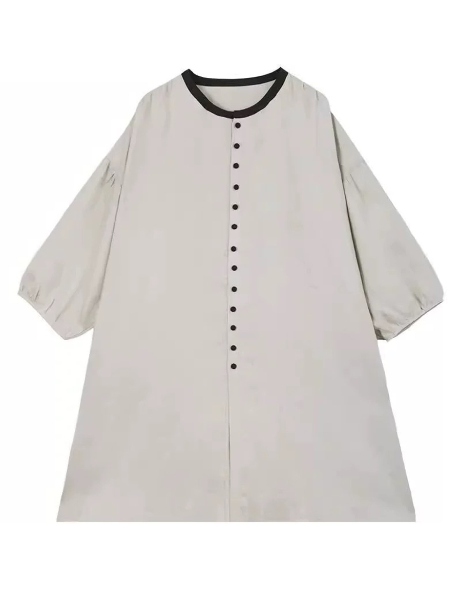 リネンパフスリーブシングルブレストポケット付きロングシャツ-Sodemai