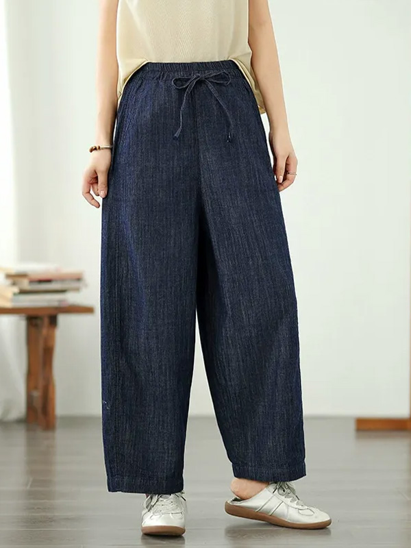 「身長145～160cm向け」レトロ刺繍入りワイドデニムパンツ-Sodemai