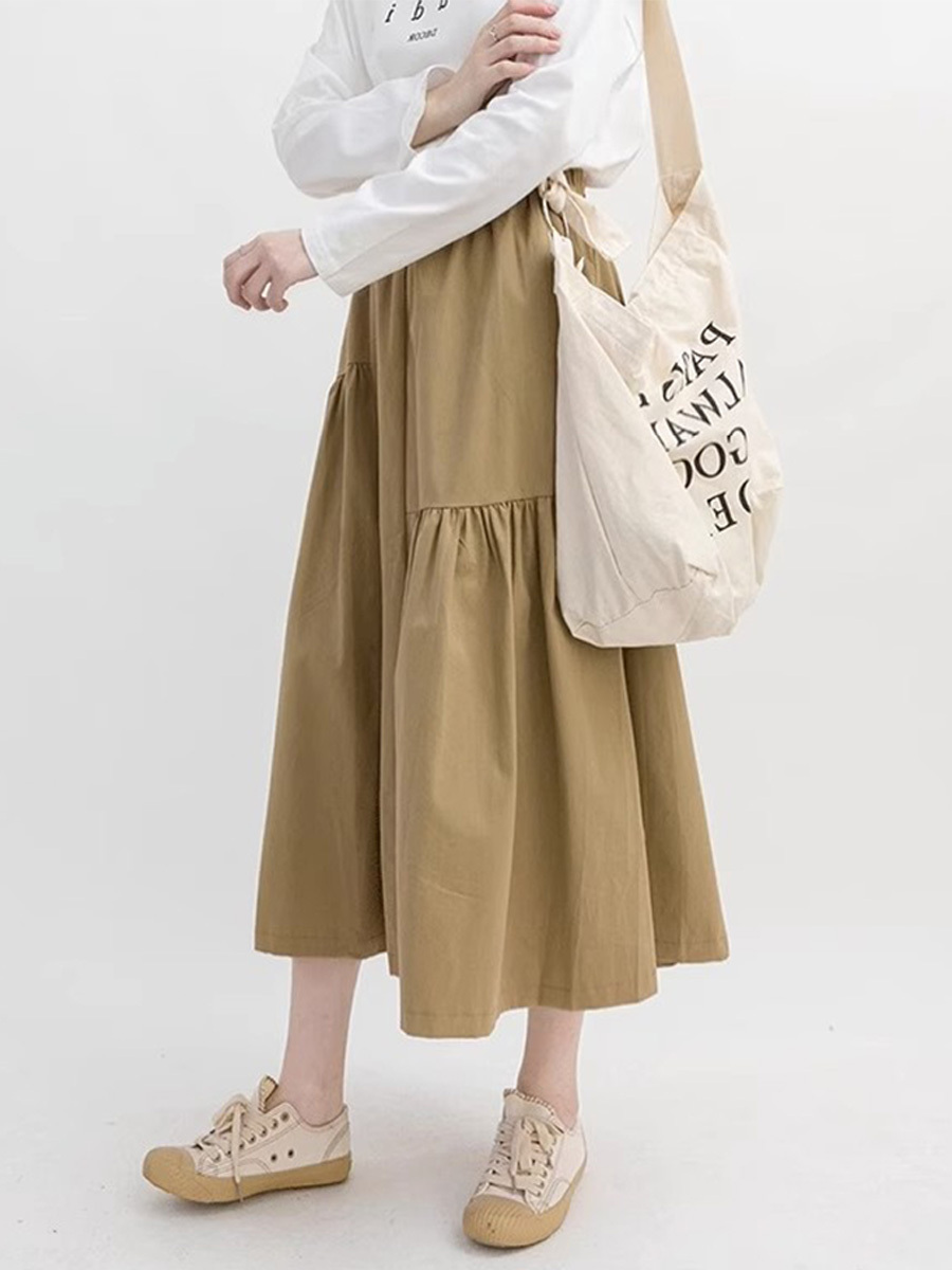 小柄さん向け春秋カジュアルハイウエストプリーツスカート-Sodemai