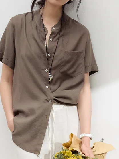 シンプルなリヨセルリネン半袖シャツ