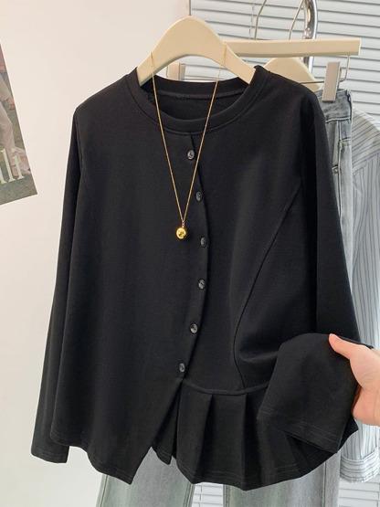 無地ソフトなアシンメトリーデザイン長袖Tシャツ-Sodemai