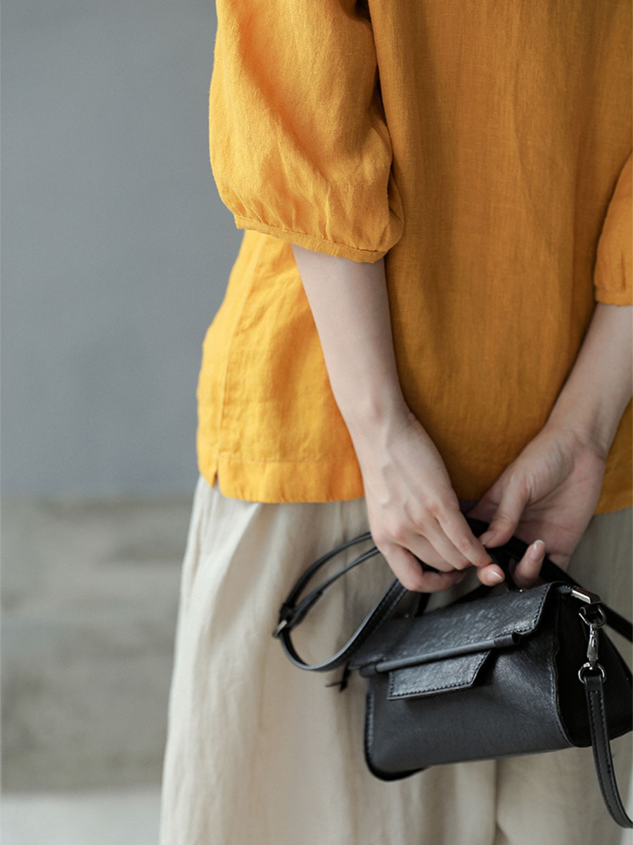 アート感溢れるリネン素材ショート丈半袖トップス-Sodemai