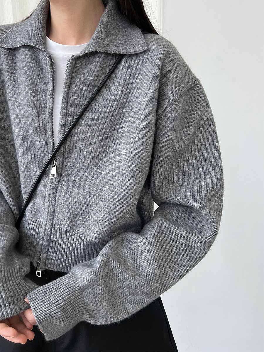 ニットポロ襟ショート丈ダブルジッパーヘッドアウター-Sodemai