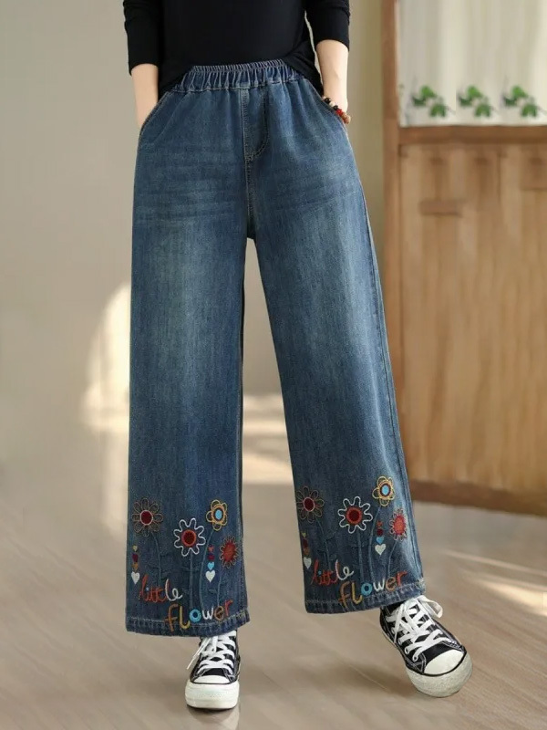 「身長145～160cm向け」レトロ刺繍入りワイドデニムパンツ-Sodemai