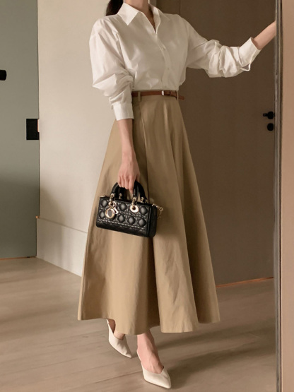 春秋用小柄さん向け通勤ハイウエストAラインミディ丈スカート-Sodemai