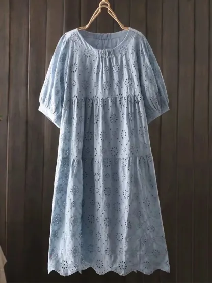 ゆったりカットワーク刺繍入り細見えコットンワンピース