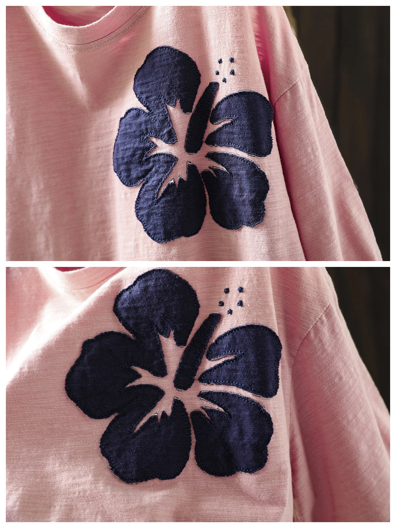 お洒落な花柄アップリケデザインの半袖Tシャツ