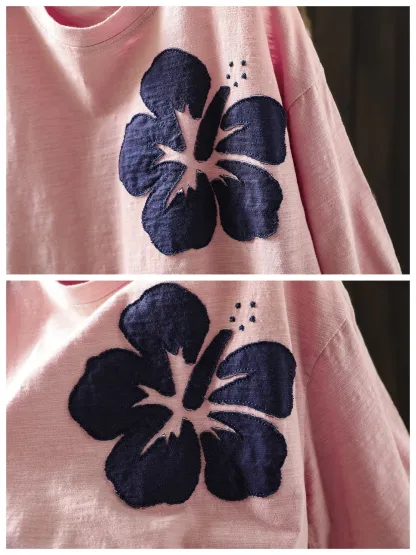 お洒落な花柄アップリケデザインの半袖Tシャツ