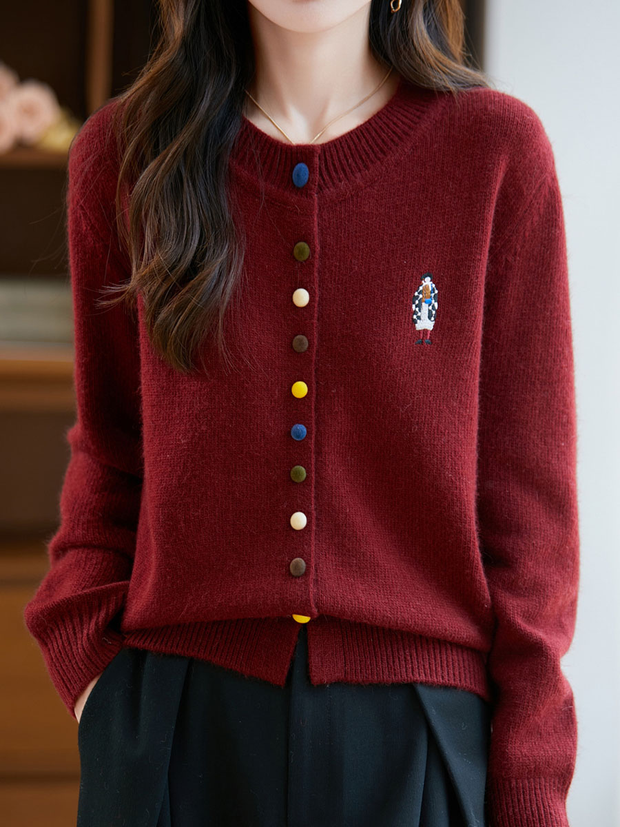 秋冬クルーネッカラーボタン刺繍入りふんわり起毛カーディガン -Sodemai