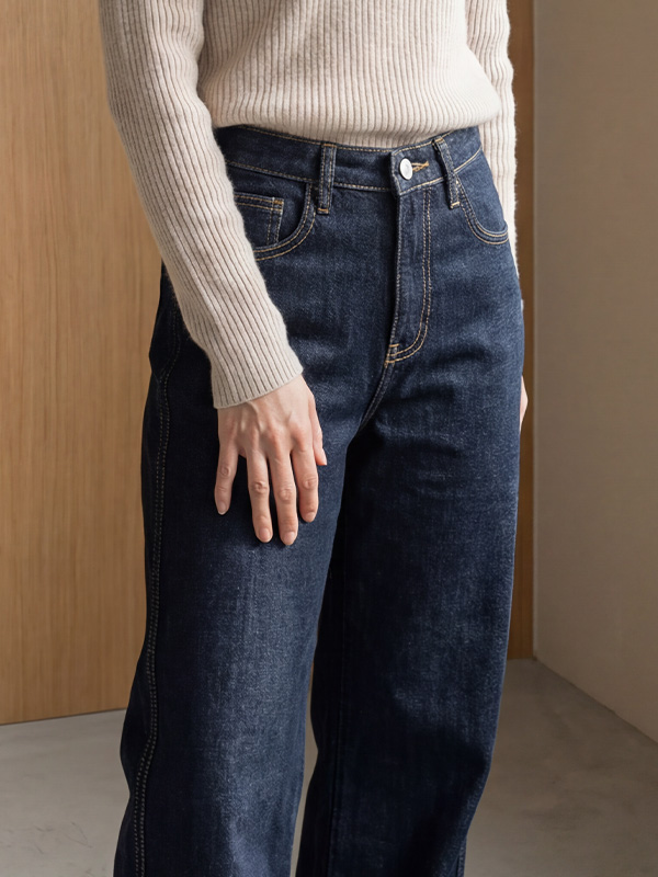 「身長148cm以上向け」小柄さん向け ハイウエストゆったりストレートデニムパンツ