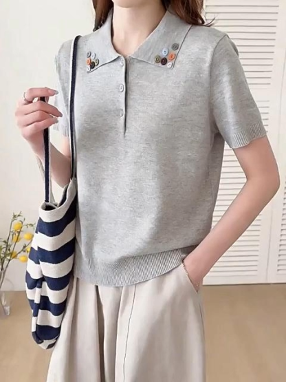 新作ウール混ポロ襟半袖ニットトップス