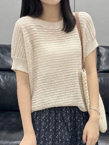 透かし編みデザインクルーネックリヨセル半袖ニット