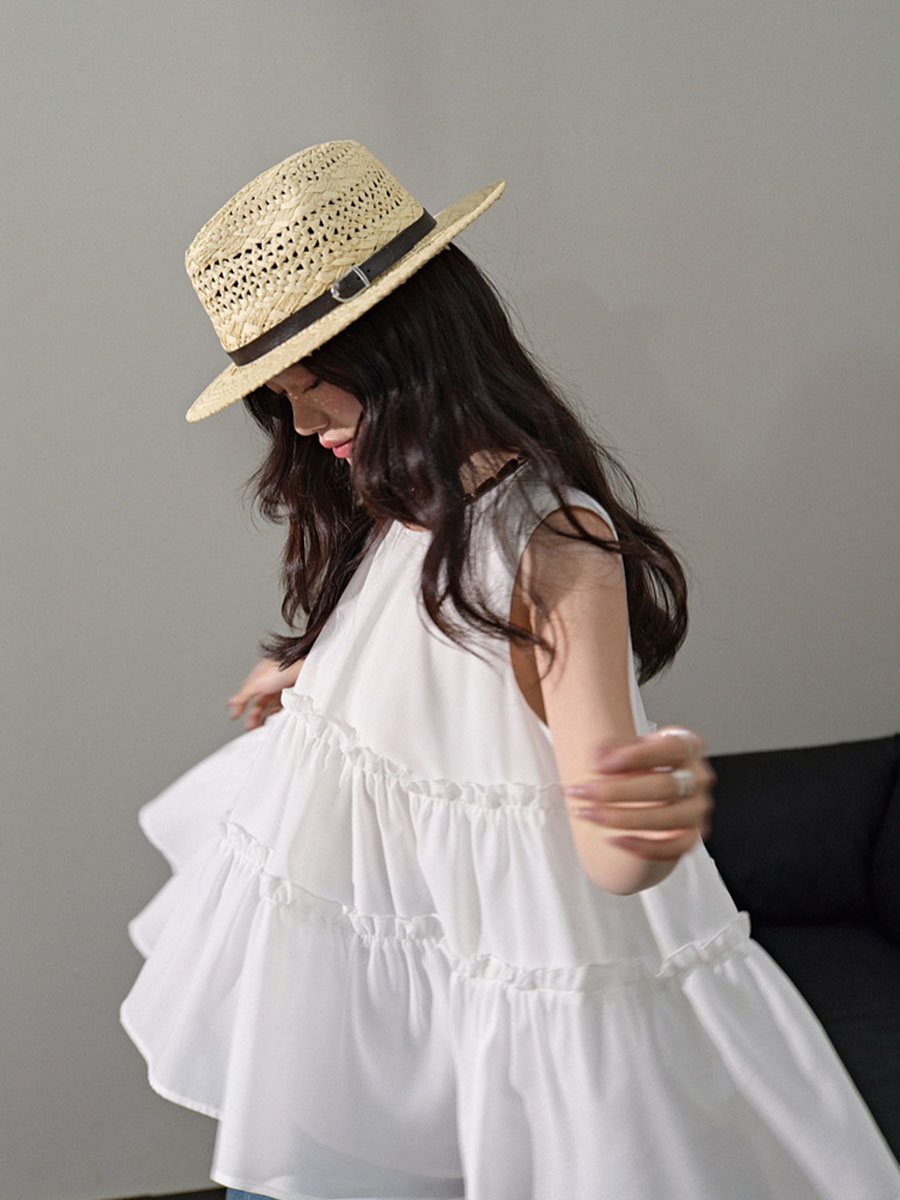 夏ノースリーブキクラゲ裾レイヤード風ブラウス-Sodemai