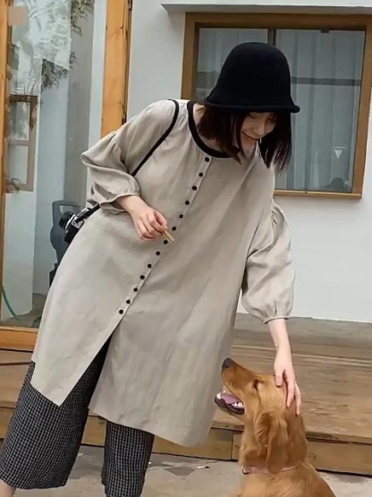 リネンパフスリーブシングルブレストポケット付きロングシャツ