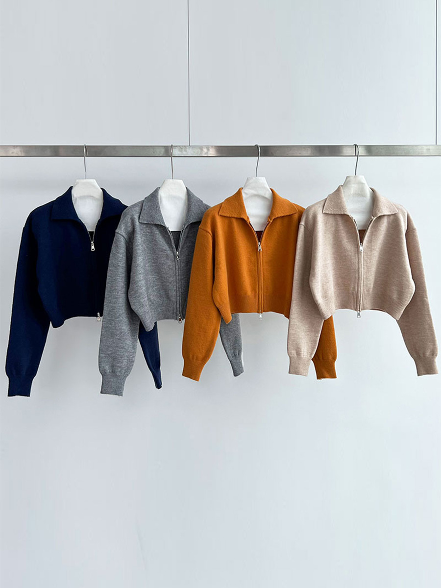 ニットポロ襟ショート丈ダブルジッパーヘッドアウター-Sodemai