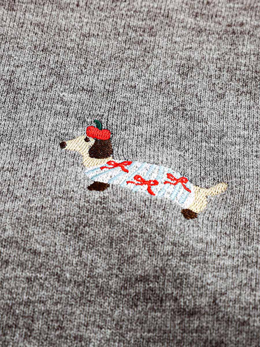 グレーソーセージ犬刺繍ニットカーディガン-Sodemai