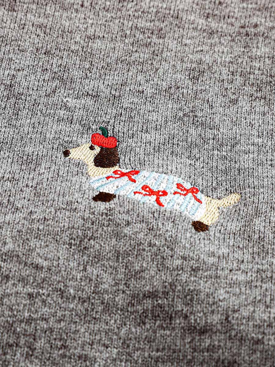 グレーソーセージ犬刺繍ニットカーディガン-Sodemai