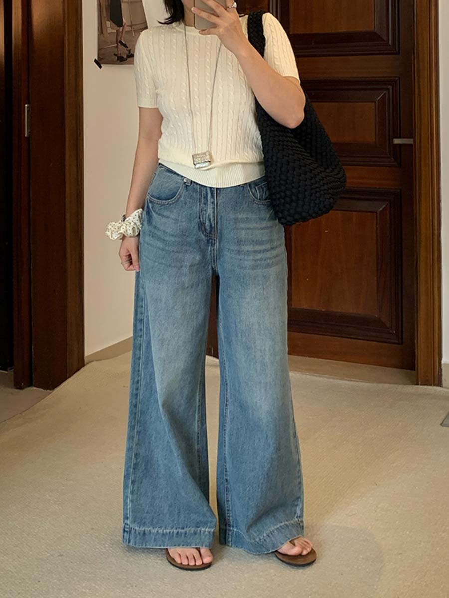 「身長150cm向け」春秋向けハイウエストストレートワイドデニムパンツ-Sodemai